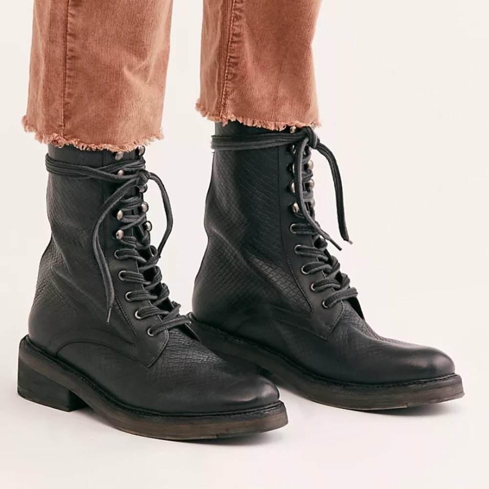 NIB Free People Leather Santa Fe Lace-Up BootS | Black Embossed | Size 7